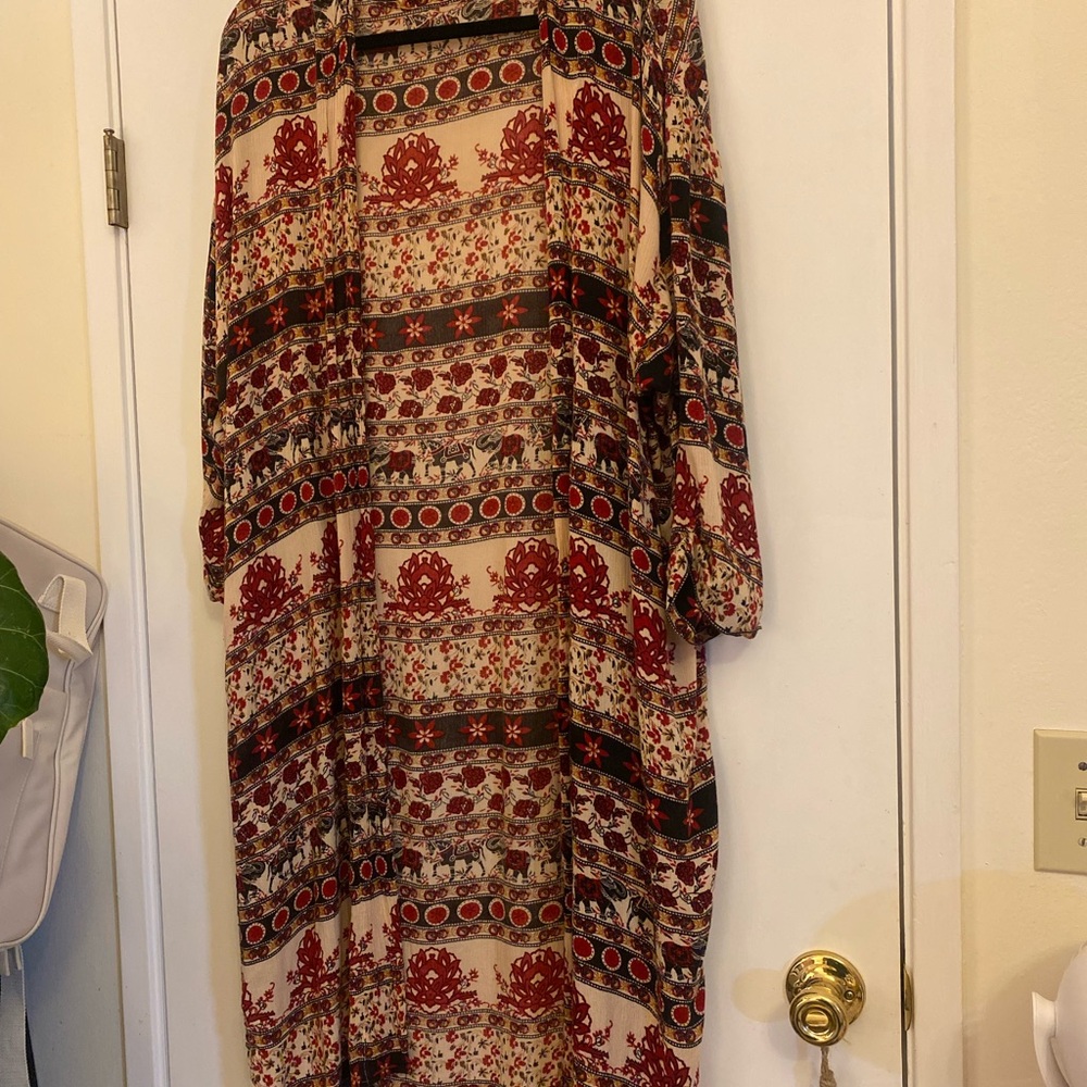 Zara Red and Cream Patterned Maxi Cardigan